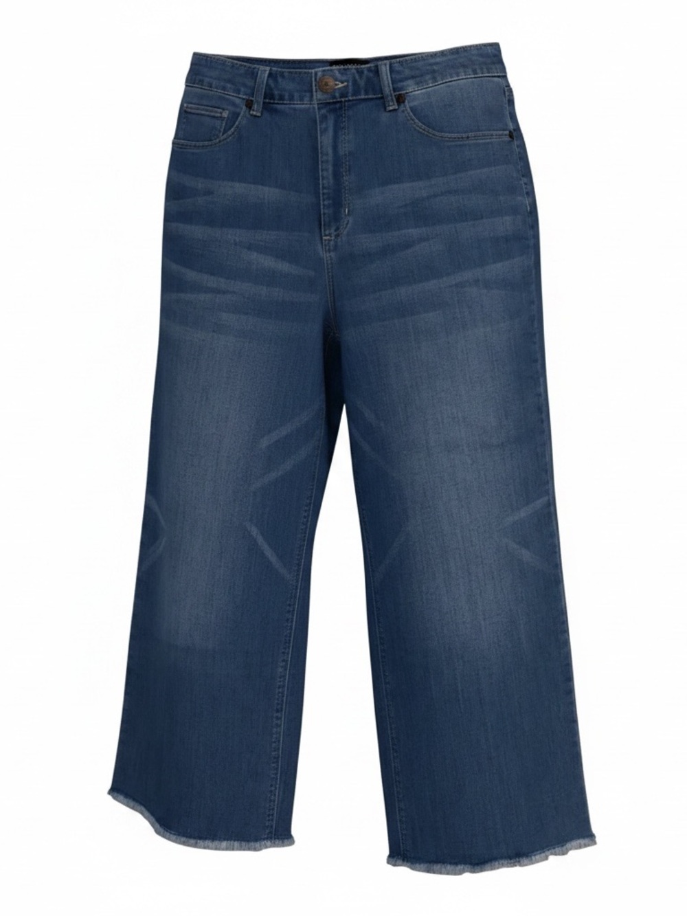 SUSAN GRAVER Cropped Denim Jeans Wide Leg Frayed Hem Mid Blue Wash Size 14